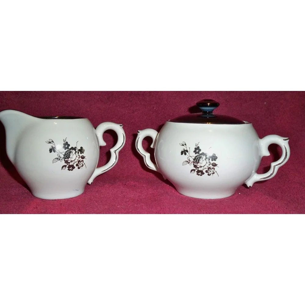 Cream Sugar Set w/Lid White Black inside scalloped handles platinum trim flowers
